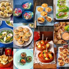 Kolorowe przekąski na urodziny: faszerowane papryczki, jajka faszerowane, tartaletki, krewetki, mini quiche, sałatki i wiele innych pyszności.