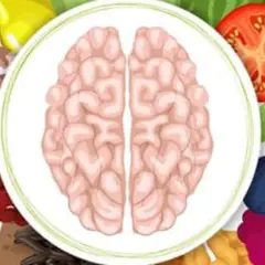 Mózg otoczony przez zdrowe produkty: jagody, pomidor, brokuły, orzechy, fasola. To ilustracja diety mind, wspierającej funkcje poznawcze.