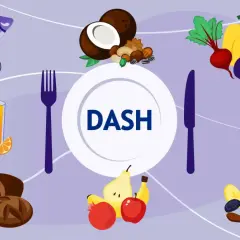 Dieta DASH wspiera obniżenie ciśnienia. Na ilustracji ryby, owoce, warzywa, orzechy, pieczywo, oliwa, mleko i jogurt.