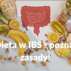 Zdrowe produkty spożywcze i rysunek jelit. Dowiedz się, jak dieta wpływa na zespół jelita drażliwego (IBS).