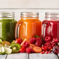 Trzy słoiki z kolorowymi sokami: zielonym, pomarańczowym i czerwonym. Obok owoce i warzywa, idealne na dieta sokowa.