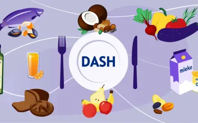 Dieta DASH wspiera obniżenie ciśnienia. Na ilustracji ryby, owoce, warzywa, orzechy, pieczywo, oliwa, mleko i jogurt.
