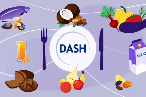 Dieta DASH wspiera obniżenie ciśnienia. Na ilustracji ryby, owoce, warzywa, orzechy, pieczywo, oliwa, mleko i jogurt.