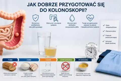 Dieta przed kolonoskopią: odstaw ziarna 7 dni wcześniej, przejdź na lekkostrawną dietę 3 dni przed, a dzień przed badaniem pij tylko klarowne płyny.