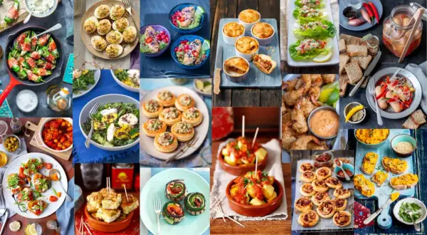 Kolorowe przekąski na urodziny: faszerowane papryczki, jajka faszerowane, tartaletki, krewetki, mini quiche, sałatki i wiele innych pyszności.