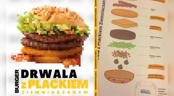 Burger Drwala z Plackiem Ziemniaczanym, z podwójnym mięsem, bekonem i chrupiącą cebulką.