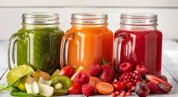 Trzy słoiki z kolorowymi sokami: zielonym, pomarańczowym i czerwonym. Obok owoce i warzywa, idealne na dieta sokowa.