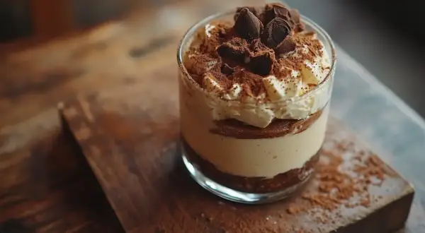 Pyszne tiramisu w szklance, z warstwami kremu, kawy i biszkoptów do tiramisu, posypane kakao i czekoladą.