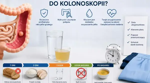 Dieta przed kolonoskopią: odstaw ziarna 7 dni wcześniej, przejdź na lekkostrawną dietę 3 dni przed, a dzień przed badaniem pij tylko klarowne płyny.