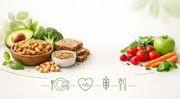 Zdrowe produkty: makaron pełnoziarnisty, warzywa, owoce, pieczywo. Idealne składniki dla diety bogatoresztkowej.