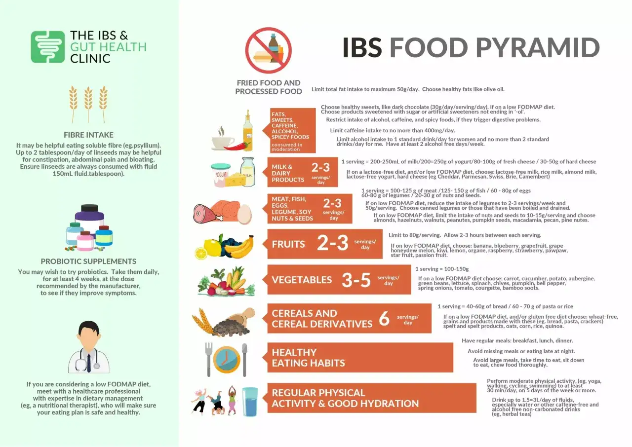 Piramide żywieniowa dla zespołu jelita drażliwego (IBS). Zalecenia dotyczące diety, błonnika, probiotyków i nawodnienia.