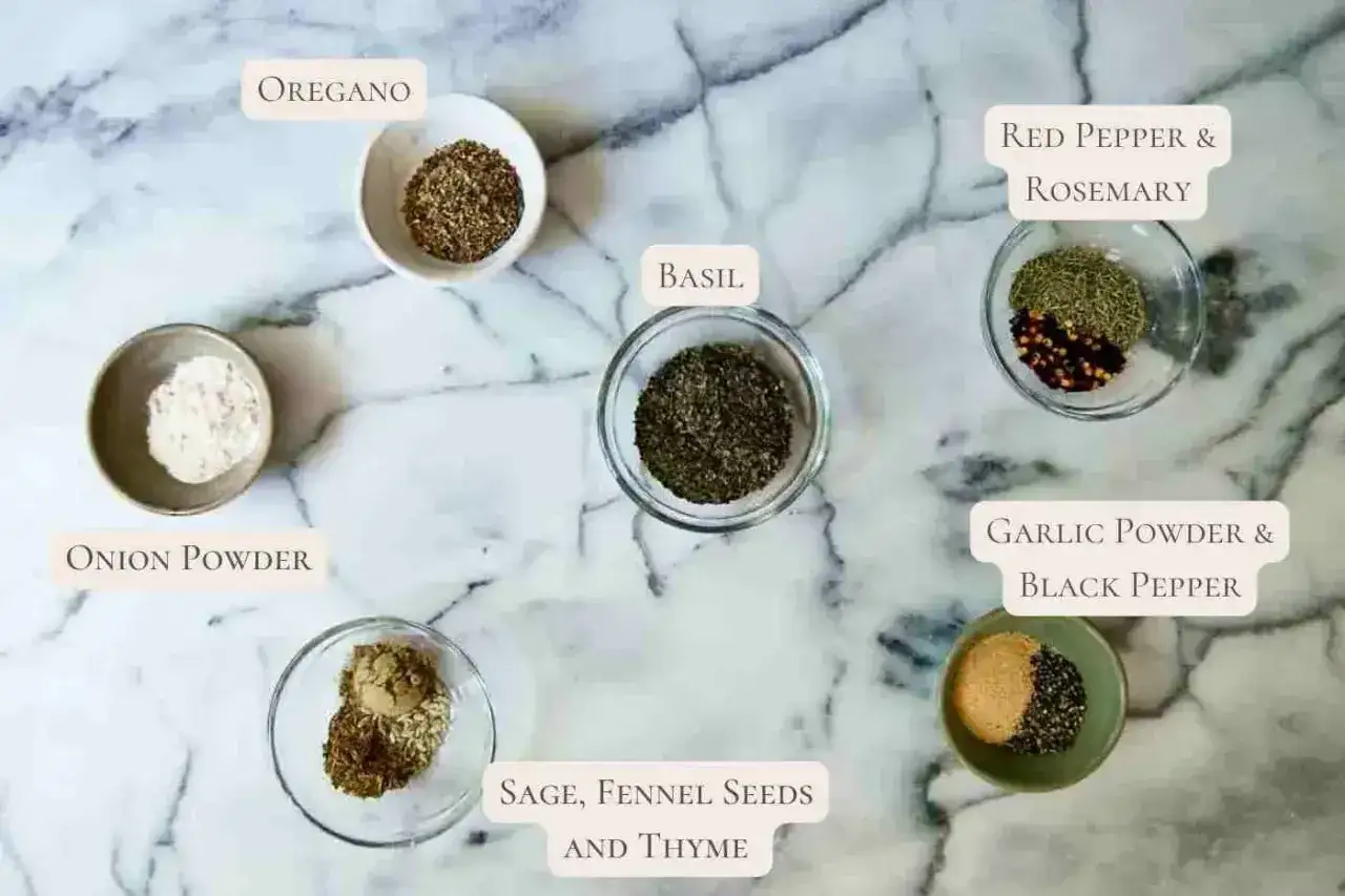 Zioła i przyprawy do spaghetti: oregano, bazylia, czosnek, cebula, rozmaryn, papryczka chili, szałwia, nasiona kopru włoskiego, tymianek.
