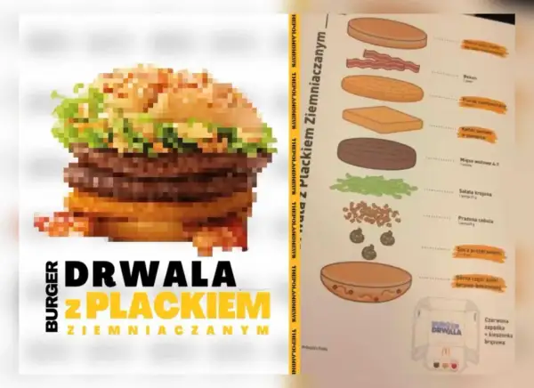 Burger Drwala z Plackiem Ziemniaczanym, z podwójnym mięsem, bekonem i chrupiącą cebulką.