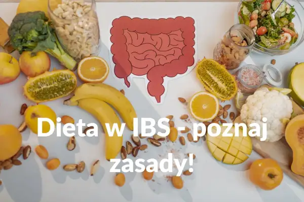 Zdrowe produkty spożywcze i rysunek jelit. Dowiedz się, jak dieta wpływa na zespół jelita drażliwego (IBS).