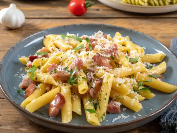 Penne rigate z chrupiącym boczkiem, posypane parmezanem i natką pietruszki. Idealne makaron z boczkiem na szybki obiad.