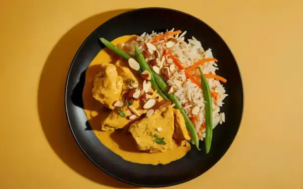 Pyszny kurczak curry w kremowym sosie, podany z ryżem, fasolką szparagową i migdałami.